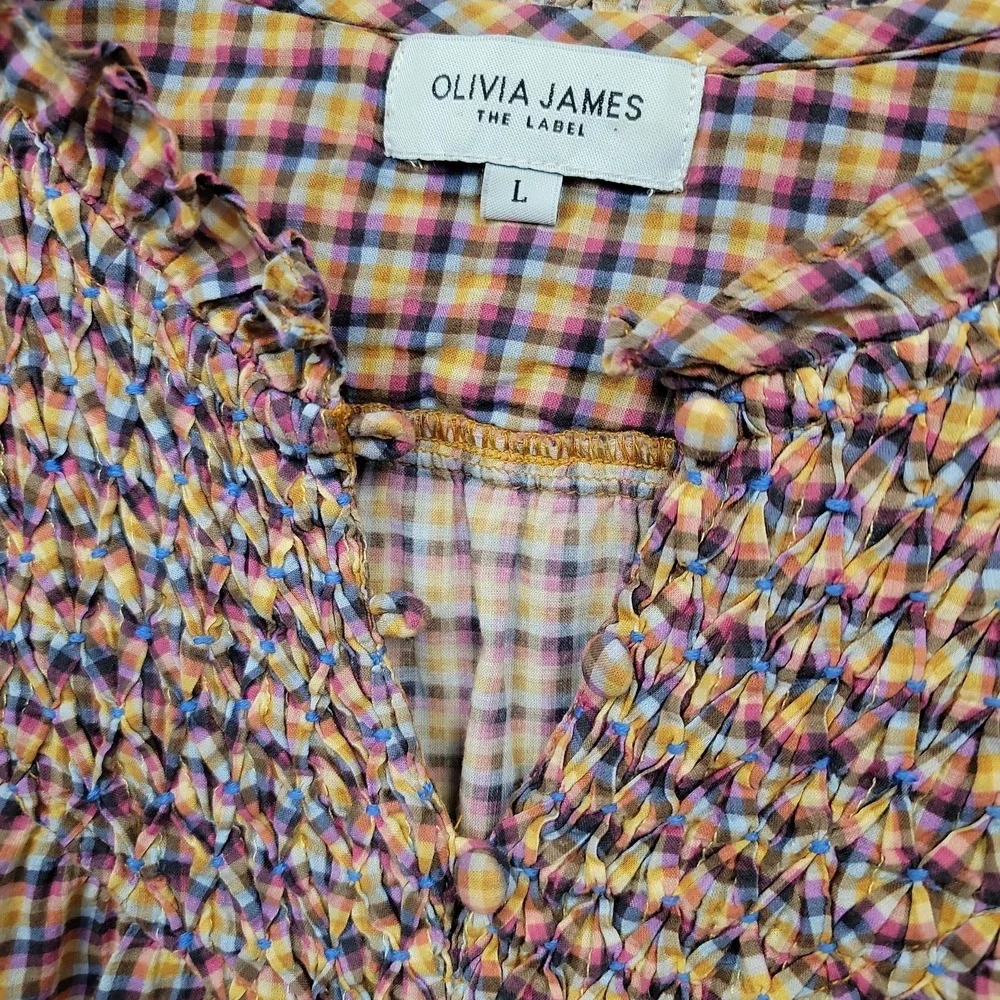 Olivia James The Label Women Large Plaid Smocked Puff Sleeve Blouse Top Cotton - Picture 3 of 10